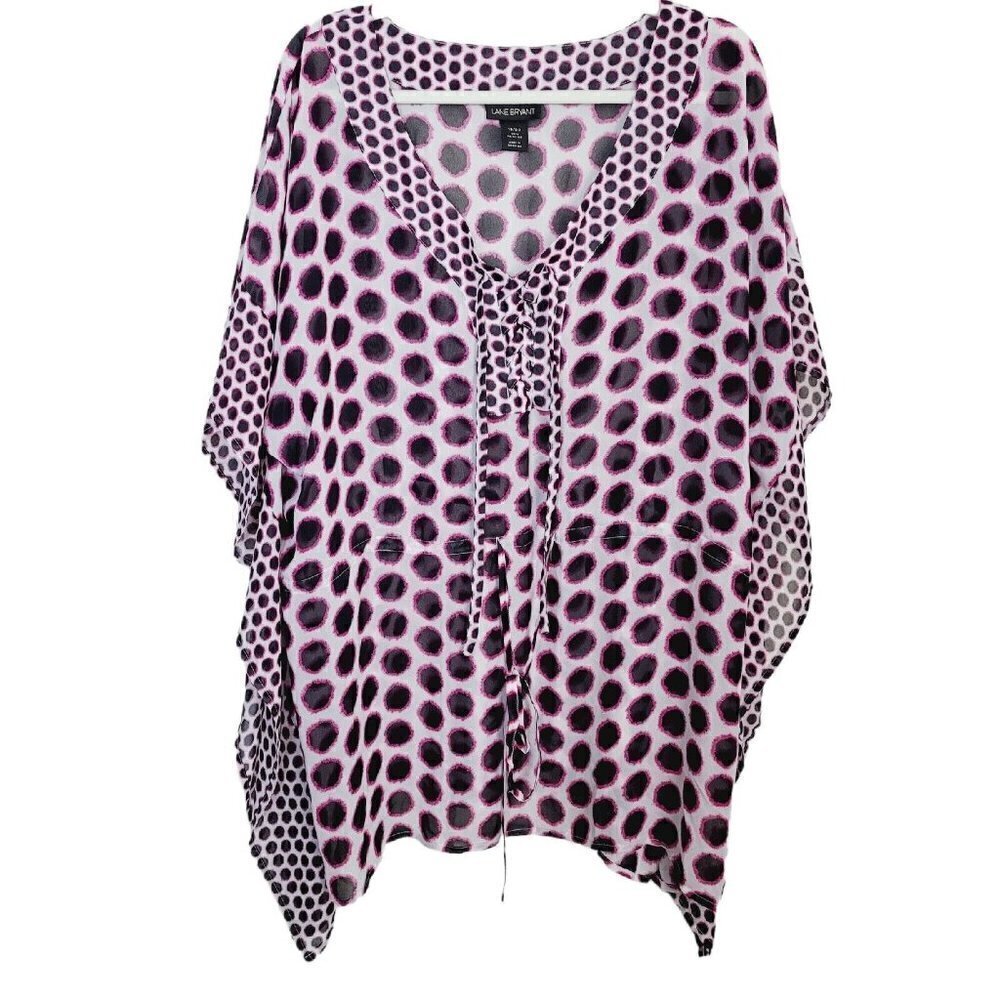Lane Bryant 18/20 Sheer Blouse Boxy Batwing Tie Waist Polka Dots Lace Up Bodice